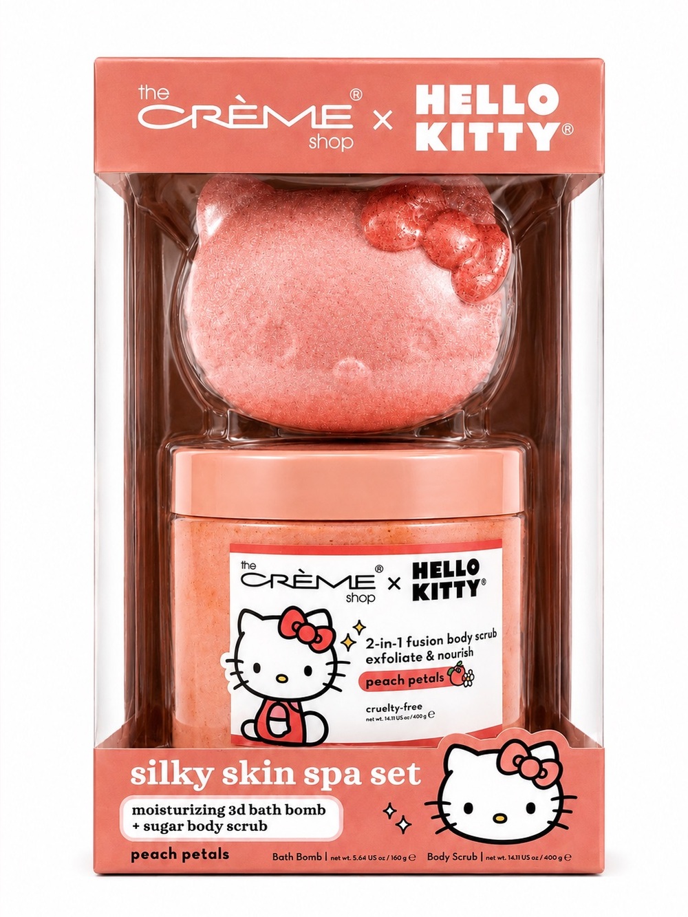 The Crème Shop & Hello Kitty Peach Petals Bath Bomb & Body Scrub Spa Gift Set